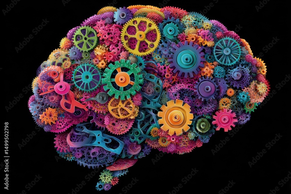 Aufkleber brain made of colorful gears and cogs on black background conceptual illustration representing intel
