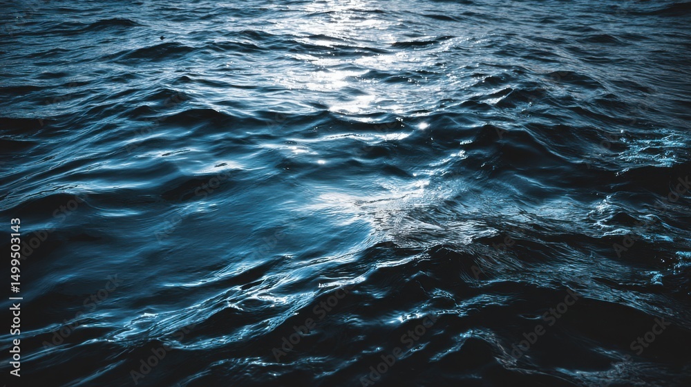 Poster Deep blue ocean waves rippling under sunlight creating abstract patterns at sea level in a scenic shot of water surface