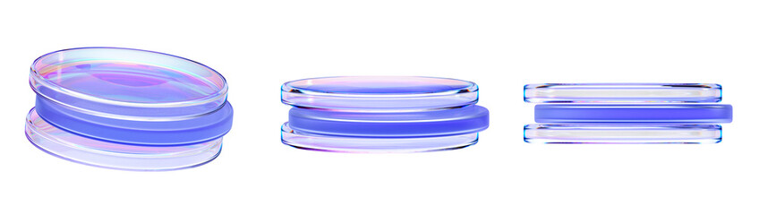 Holographic iridescent glass cylinder stand podiums 3d render icon set. Empty crystal circle pedestal platform, stage mockup for product display or presentation isolated on background