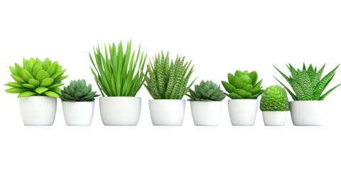 Miniature Succulents Collection: A vibrant row of miniature succulents in pristine white pots, showcasing a variety of textures and shades of green. Perfect for adding a touch of nature to any space.