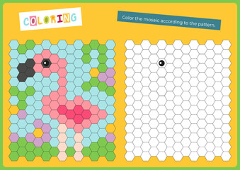 Cute animals activities for kids. Copy the picture in mosaic – flamingo. Logic games for children. Coloring page for activity book. Vector illustration. Flash card.