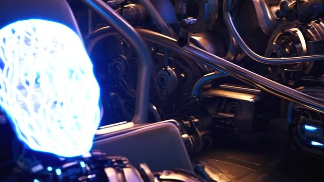 Robot hand and digital face with light, Ai
