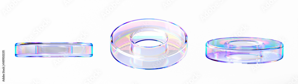 Poster glass liquid transparent circle rings with chromatic dispersion effect 3d render icon set. abstract 