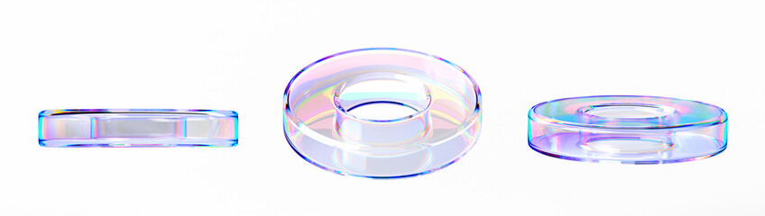 Glass liquid transparent circle rings with chromatic dispersion effect 3d render icon set. Abstract fluid torus shapes with gradient texture, crystal rainbow objects isolated elements