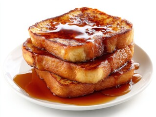 Stack of french toast drizzled with maple syrup on white plate breakfast food close up studio shot