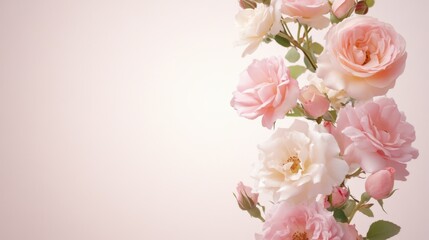 Floral elegance: Delicate pink roses cascade gracefully, a symbol of beauty and serenity, perfect for adding a touch of nature's grace.