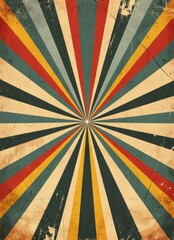 Vintage Retro Sunburst Background with Grunge Texture &ndash; Radial Striped Pattern in Red, Blue, Yellow, and Beige for Poster, Flyer, or Graphic Design Projects