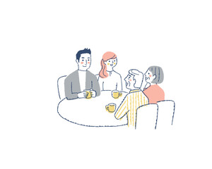 テーブルを囲んで話をしている4人