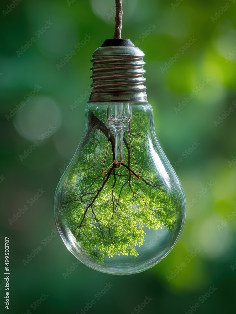 Poster Conceptual lightbulb with tree inside hanging against green bokeh background symbolizing green energy and sustainability