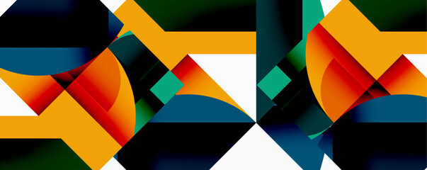 Abstract geometric composition. Bold colors intersect, creating dynamic visual rhythm. Shapes overlap, forming complex patterns. Minimalist design.