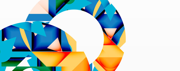 Abstract geometric shapes, vibrant colors, white space. Composition features triangles, curves, dynamic visual impact. Modern design elements present.