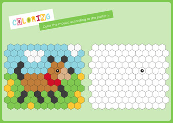 Cute animals activities for kids. Copy the picture in mosaic – dog. Logic games for children. Coloring page for activity book. Vector illustration. Flash card.