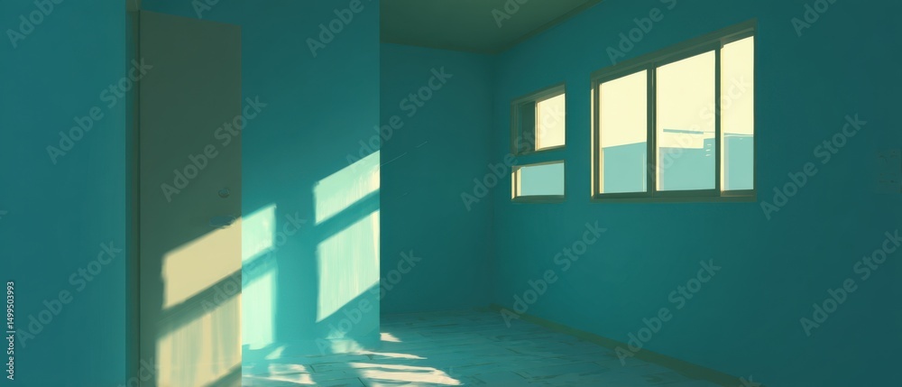 Fototapete Interior of an empty room with sunlight streaming through windows creating shadows on the walls and floor in minimalist style
