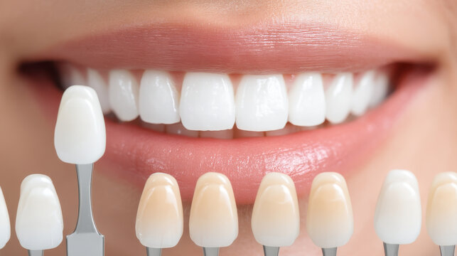 Close up of bright smile with dental shade guide showing teeth whitening and color matching for confident look - Powered by Adobe