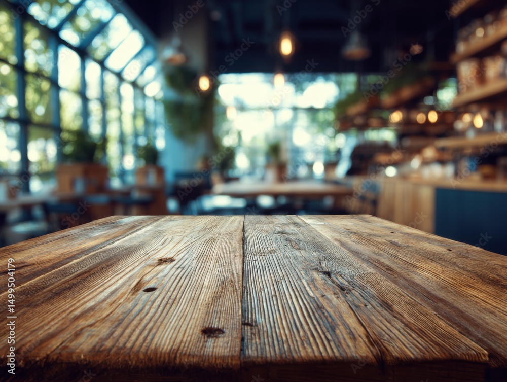 Aufkleber rustic wooden table surface in blurred cafe interior background with hanging lights and large window