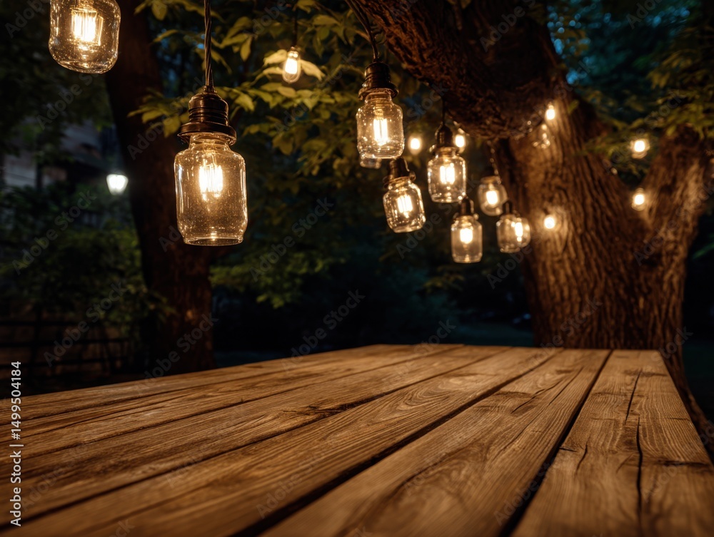 Poster rustic wooden table under glowing string lights hanging from tree branches at dusk in backyard setti
