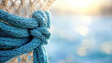Blue rope knot on fishing net at sunrise