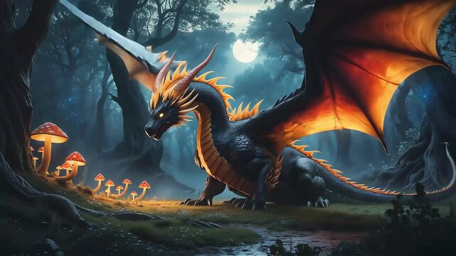 An ancient golden Chinese dragon in the night a fantasy illustration