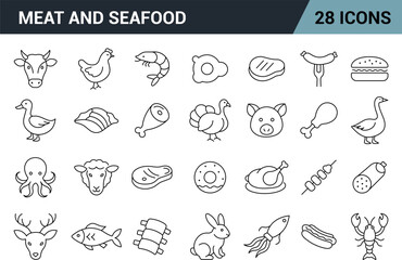 Meat and Seafood Line Editable Icons Set. Includes Farm Animals, Fish, Poultry, Processed Meat, Seafood, and More. Vector Illustration.