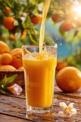 Pouring Fresh Orange Juice into Glass on Wooden Table in Orchard Setting with Sunlight and Flowers