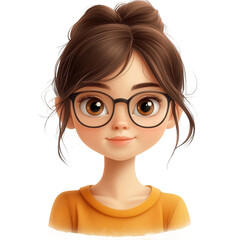 Cartoon girl character with glasses cute avatar profile picture image on transparent background