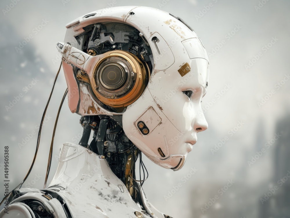 Aufkleber side profile of a futuristic female robot with visible mechanical parts and a weathered aesthetic in