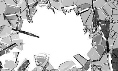 3d broken glass shatters flying pieces on black background render. Smithereens breaking crystal or ice, explode window shard fragments, sharp mirror debris of abstract shape in motion