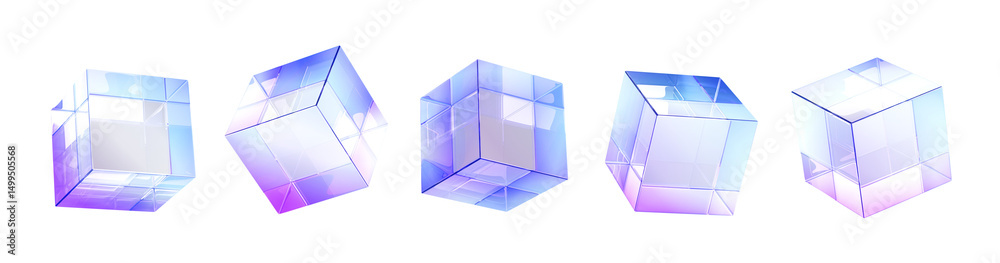 Poster 3d set of crystal light holographic glass cube render icons. Abstract geometric transparent block shapes with hologram gradient and dispersion effect. Isolated glossy square objects
