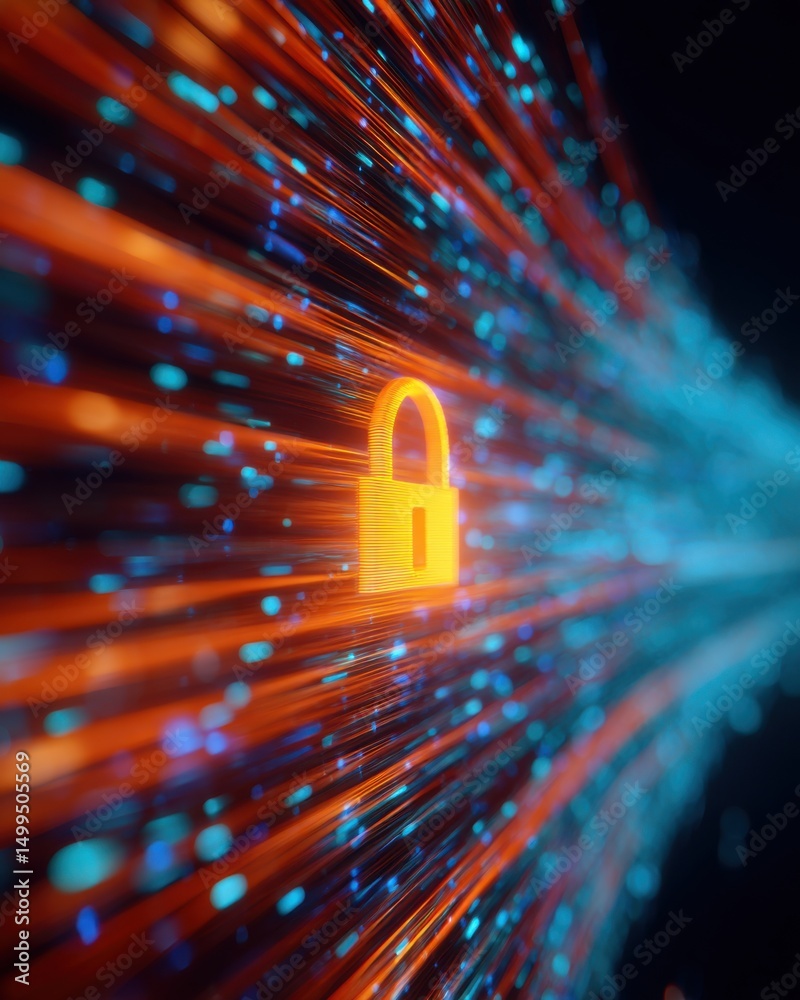 Fototapete golden padlock on data stream abstract concept of cybersecurity and data protection with orange and 