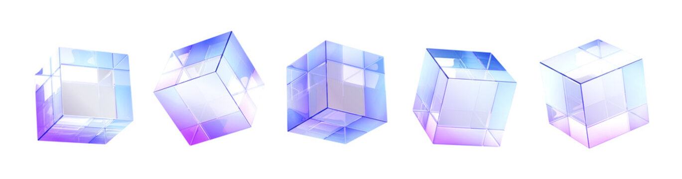 3d set of crystal light holographic glass cube render icons. Abstract geometric transparent block shapes with hologram gradient and dispersion effect. Isolated glossy square objects