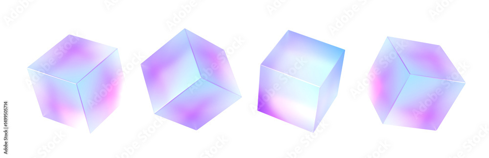 Poster 3d glass holographic frosted morphism cube isolated render icon set. Abstract geometric translucent block shapes with color neon hologram gradient, square plastic or acrylic objects