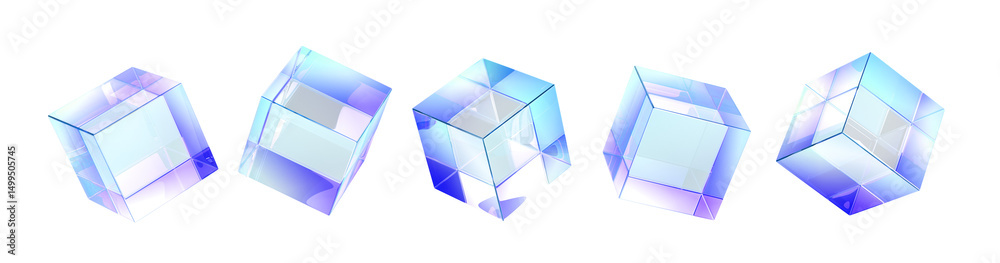 Poster Abstract crystal light holographic glass cube box 3d render icon set. Transparent geometric block shapes with rainbow hologram gradient. Isolated glossy square objects, clear elements