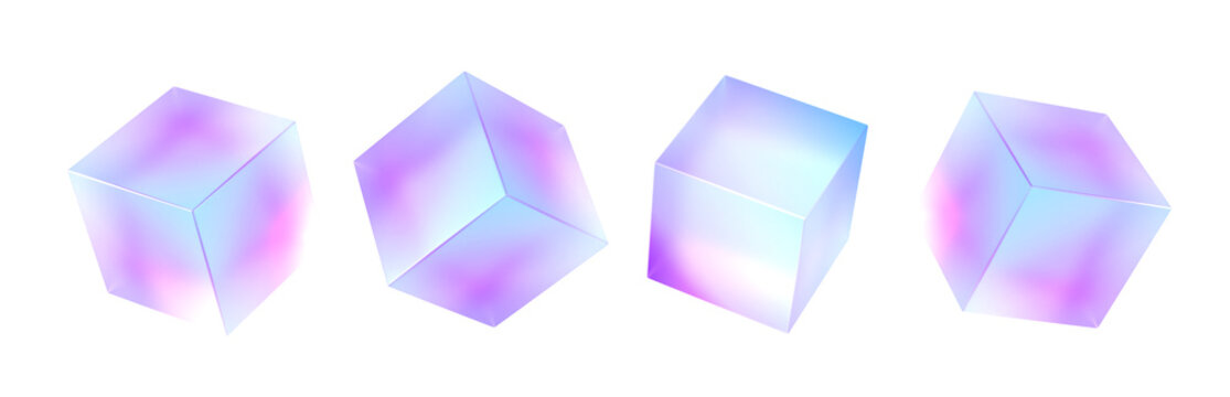 3d glass holographic frosted morphism cube isolated render icon set. Abstract geometric translucent block shapes with color neon hologram gradient, square plastic or acrylic objects