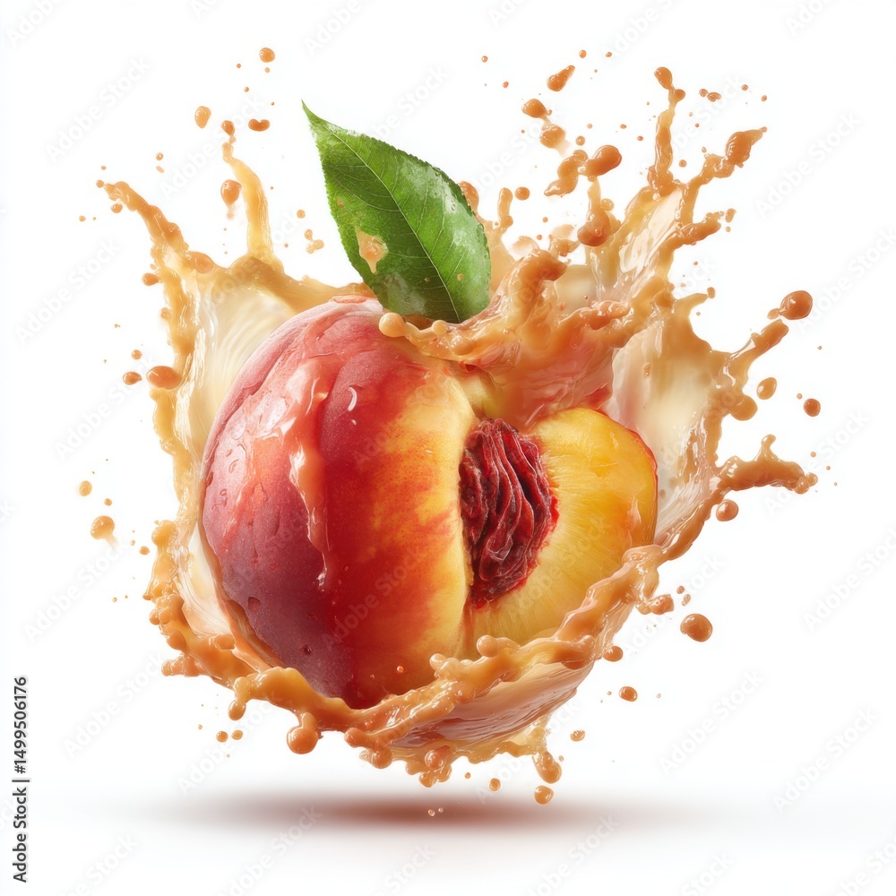 Poster peach explosion on white background close up view of fruit with juice splash and green leaf studio s
