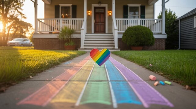Rainbow chalk heart and pathway on sidewalk leading to house, symbol of LGBTQ pride and love
