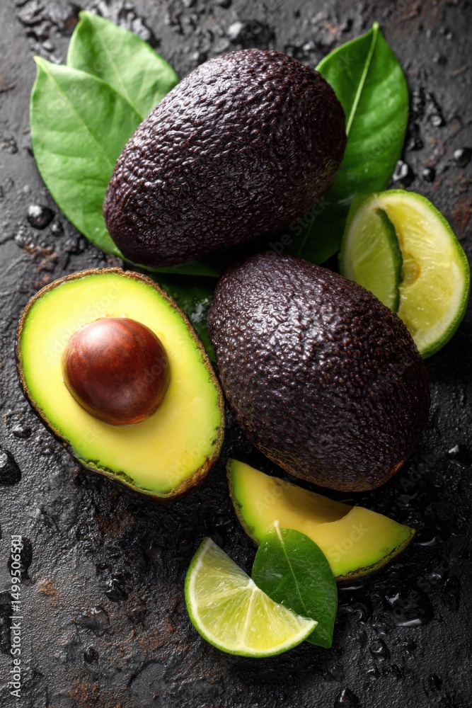 Aufkleber dark hass avocados with lime wedges on wet textured surface studio shot overhead close up fresh heal