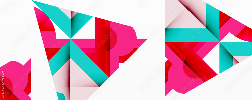 Poster abstract geometric shapes overlap, creating vibrant red, pink, turquoise composition. minimalist des