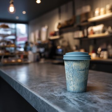 Coffee cup on counter in cafe interior with blurred background eye level view in urban setting