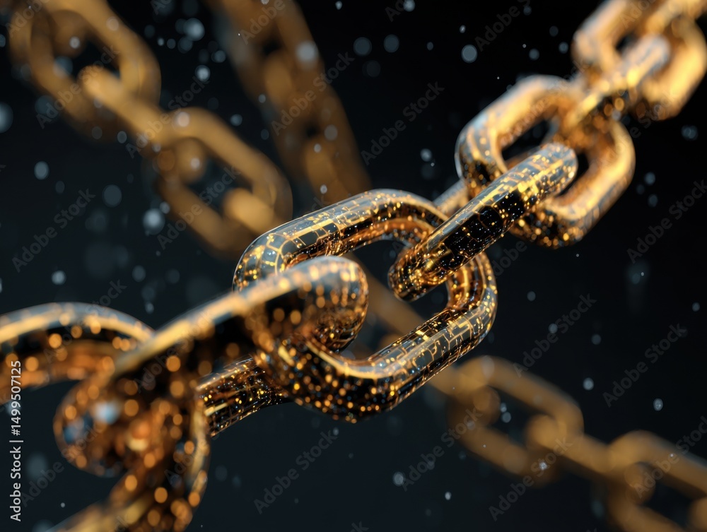Poster golden chain links showing technology and connection in a close up macro shot against a dark backgro