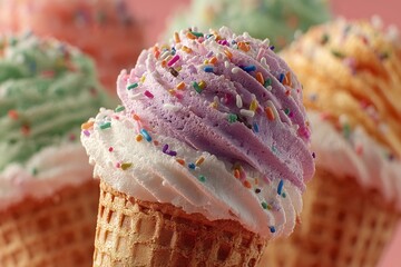 Colorful Soft Serve Ice Cream Cones with Rainbow Sprinkles Trio