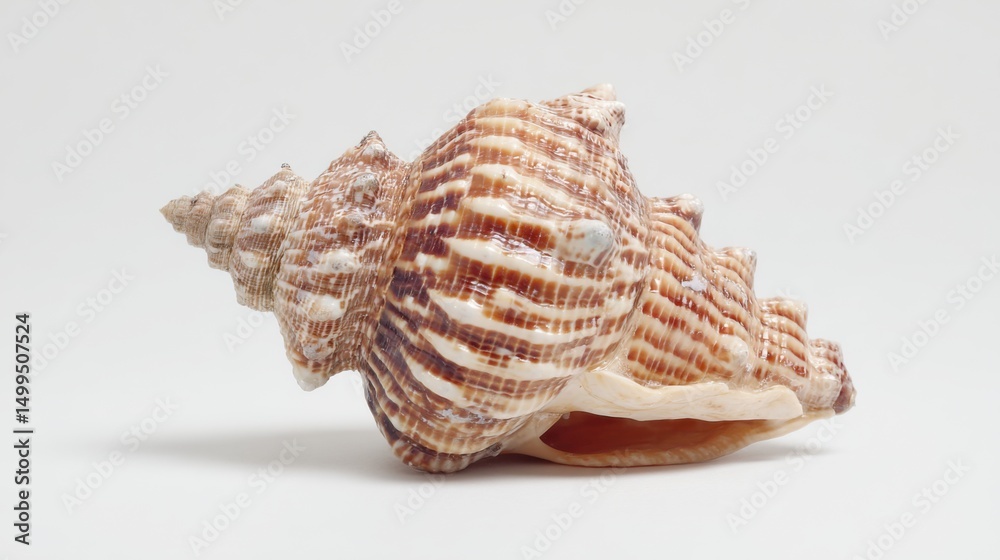 Aufkleber seashell still life on white background macro studio shot of marine conch shell with brown and white