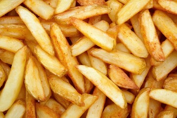 Golden Fries: A mouthwatering overhead shot, showcasing a large pile of golden, crispy fries, perfectly fried and ready to be enjoyed.