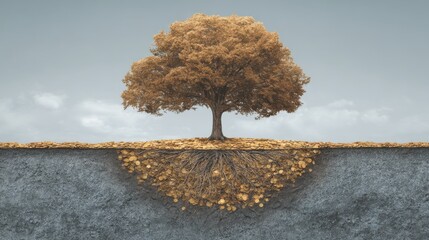Tree growing with money concept representing wealth accumulation and financial growth from investments in a landscape view