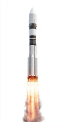 Rocket Launch Ascending with Fire and Smoke on White Background in Vertical Composition for Space Exploration and Technology