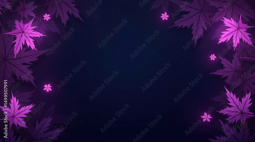 Wall mural dark background with purple neon maple leaves spreading on both sides. empty space for text in the c