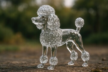 Crystal poodle figurine standing on a stone in a park