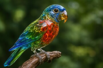 Fototapeta premium Colorful glass parrot perched on a branch in the rainforest