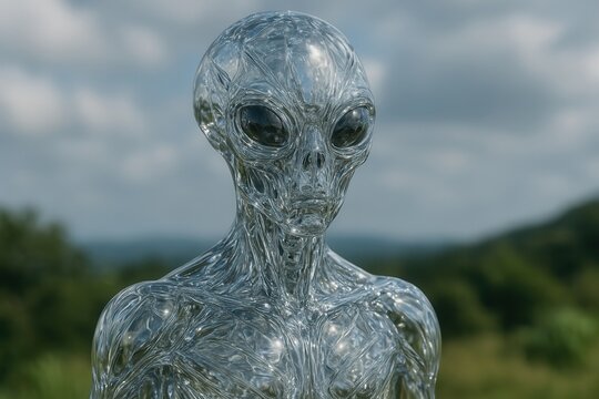 Glass alien standing in a landscape, science fiction portrait