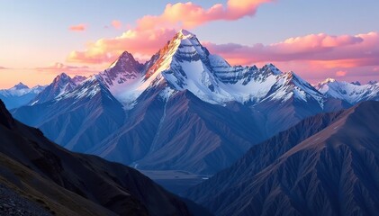 Fototapeta premium Majestic Bolivian Andes mountain range, dramatic peaks and valleys Sunrise illuminates snow-capped summits , terrain, wilderness