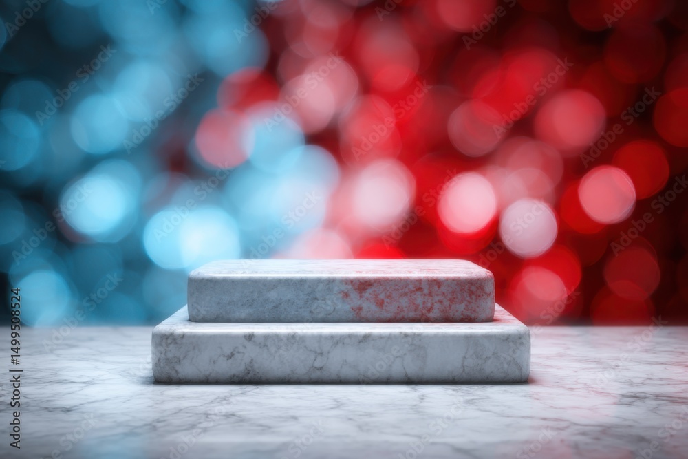 Poster marble product display podium with bokeh background, studio shot, minimalist style, cool and warm co
